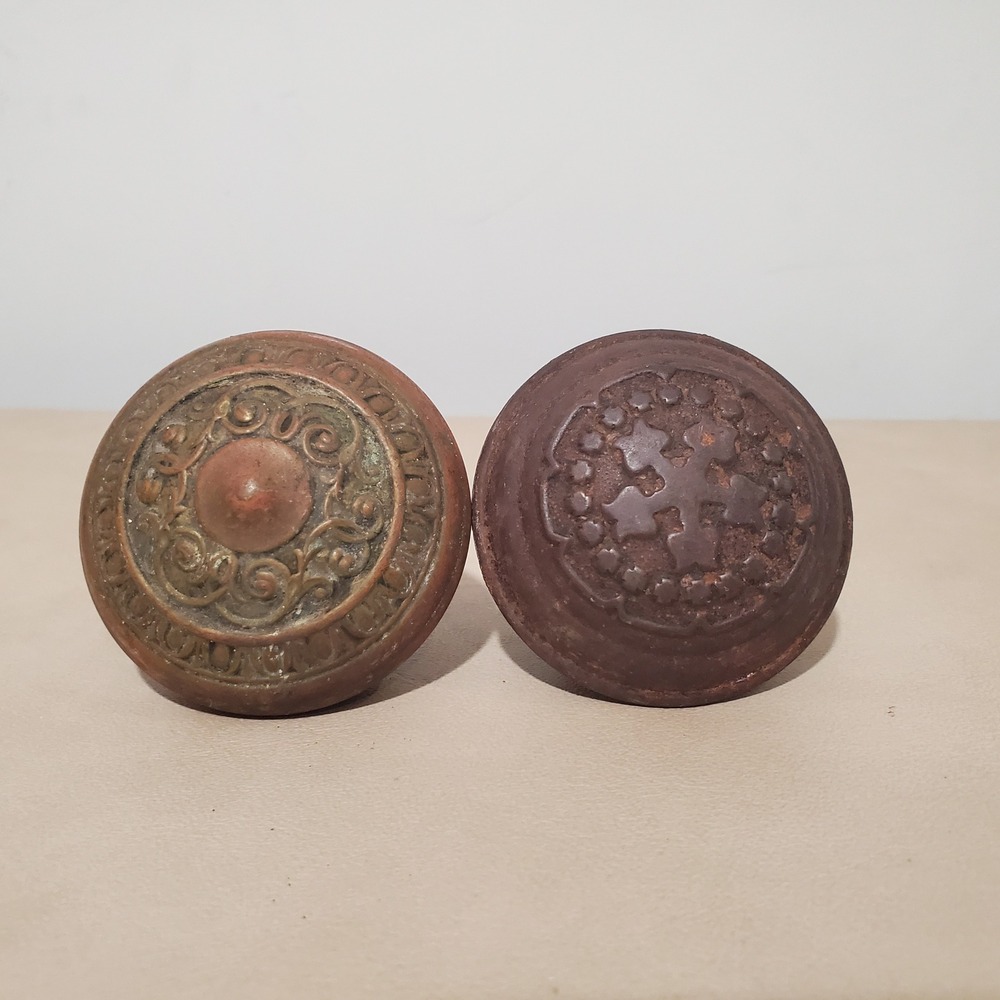 Antique Victorian Door Knobs Ornate Cast Iron Brass Architectural Salvage Set 2